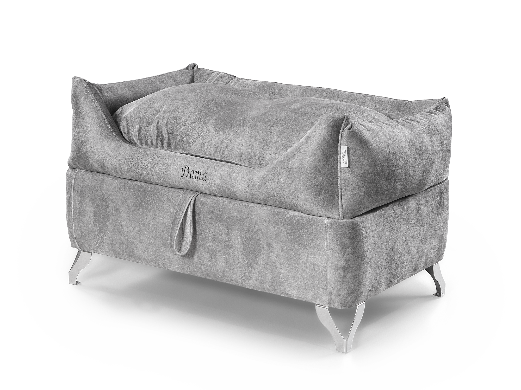 Dama Estate Silver flagship designer dog bed with sculpted architectural frame – angled view