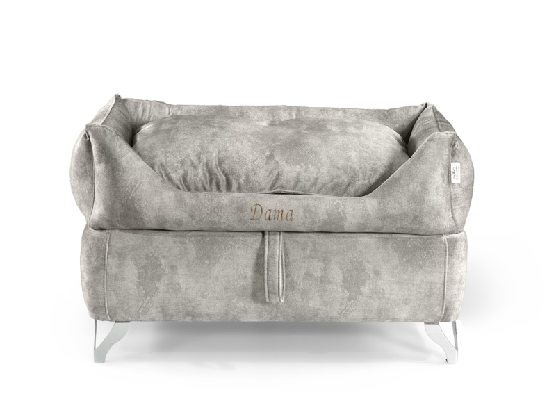 Dama Estate Beige flagship handcrafted luxury dog bed with elevated frame – front view