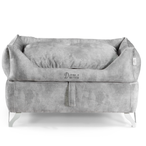 Dama Estate Silver flagship handcrafted luxury dog bed with elevated frame – front view
