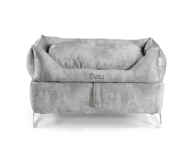 Dama Estate Silver flagship handcrafted luxury dog bed with elevated frame – front view