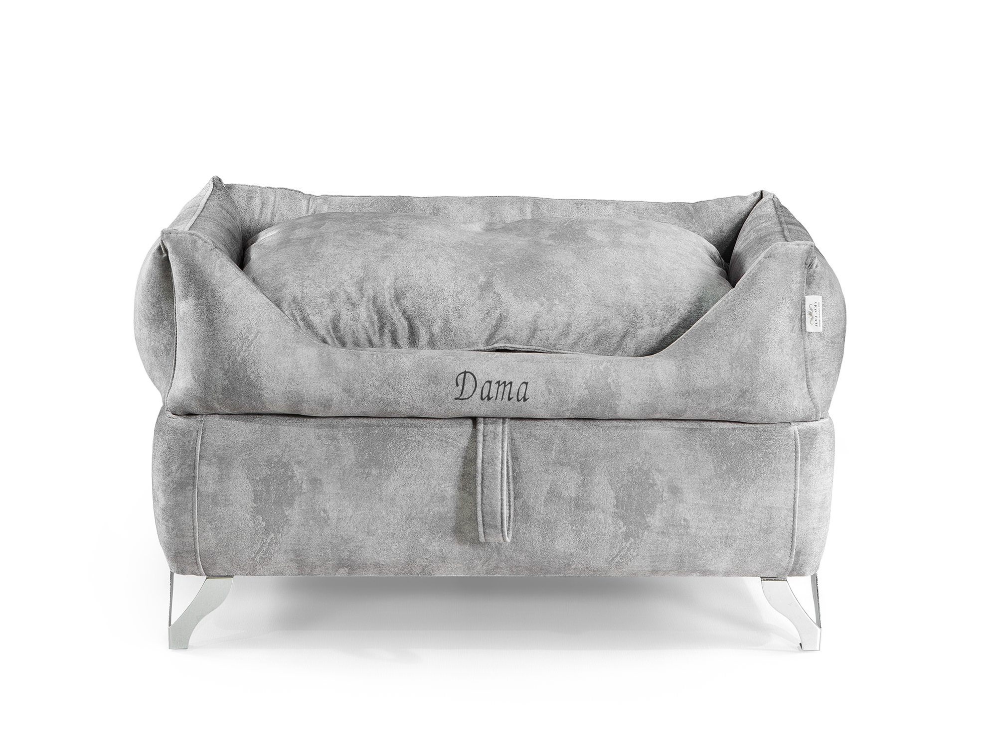 Dama Estate Silver flagship handcrafted luxury dog bed with elevated frame – front view