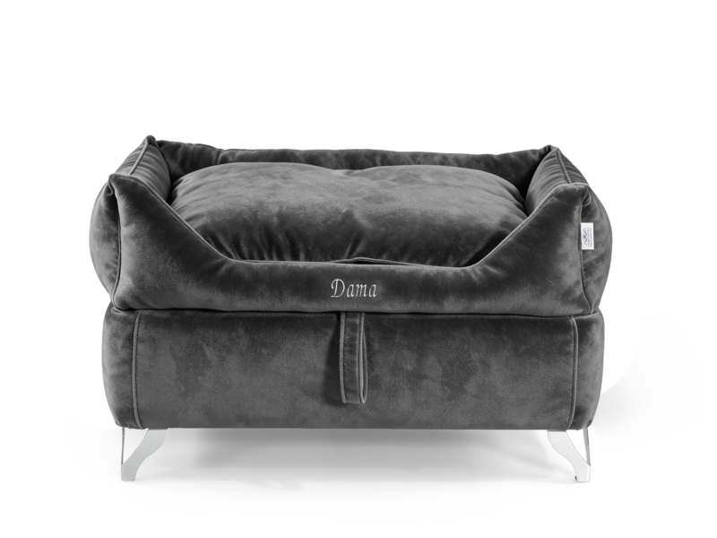 Dama Estate Anthracite flagship luxury dog bed with elevated architectural frame – front view