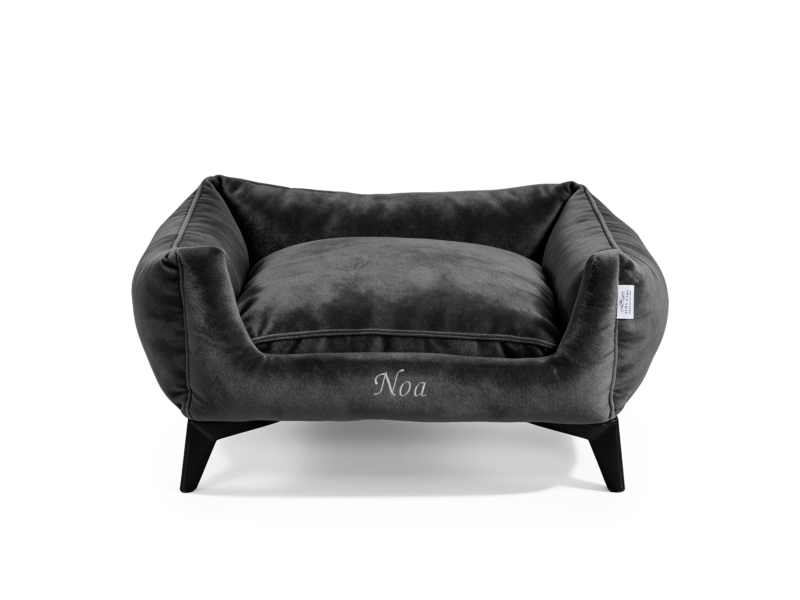 Noa Nest Anthracite Luxury Dog Bed – Front View Noa Nest Anthracite handcrafted luxury dog bed with sculpted legs – front view