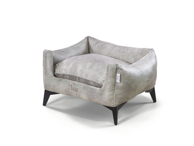 Noa Nest Beige Luxury Dog Bed – Angled View Noa Nest Beige designer dog bed with elevated frame – angled view