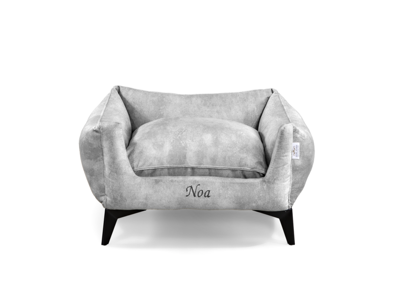 Noa Nest Silver Luxury Dog Bed – Front View Noa Nest Silver handcrafted luxury dog bed with sculpted legs – front view