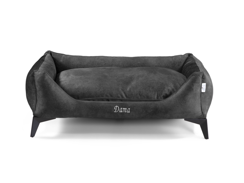 Dama Manor Anthracite Luxury Dog Bed – Front View Dama Manor Anthracite handcrafted luxury dog bed with elevated frame – front view