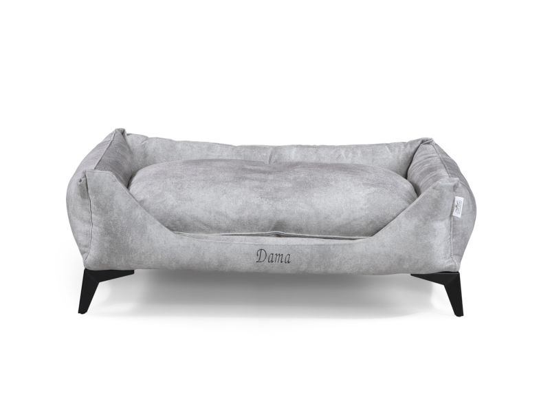 Dama Manor Silver Luxury Dog Bed – Front View Dama Manor Silver handcrafted luxury dog bed with elevated frame – front view