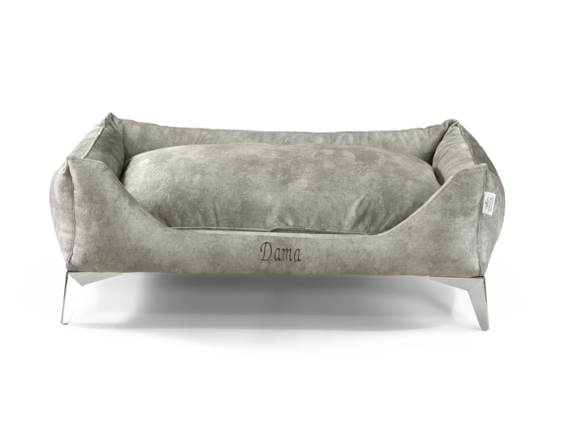 Dama Manor Beige Luxury Dog Bed – Front View Dama Manor Beige handcrafted luxury dog bed with elevated frame – front view